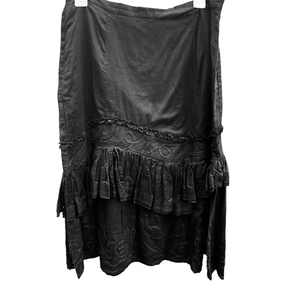 Animale by Jacques Ruc Black Full Midi Skirt Lagenlook Tiered Ruffle Embroidery - Picture 5 of 10
